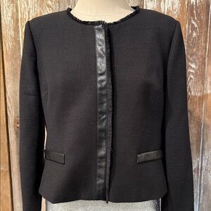 NWT Karl Lagerfeld Size 16 Blazer Frayed Edge Tweed | Faux Leather Trim | Black
